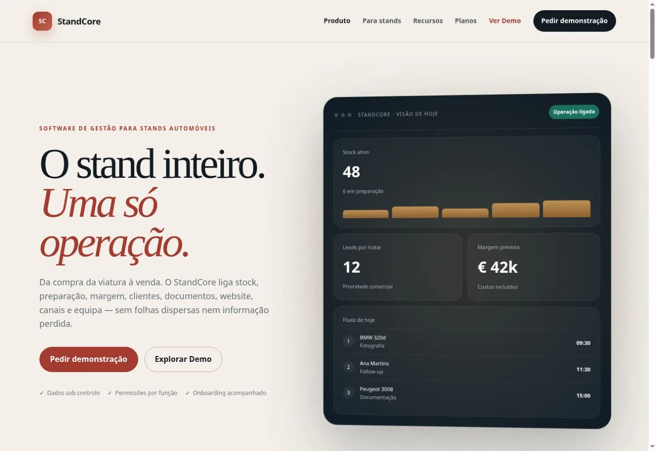 Screenshot of the public website of StandCore